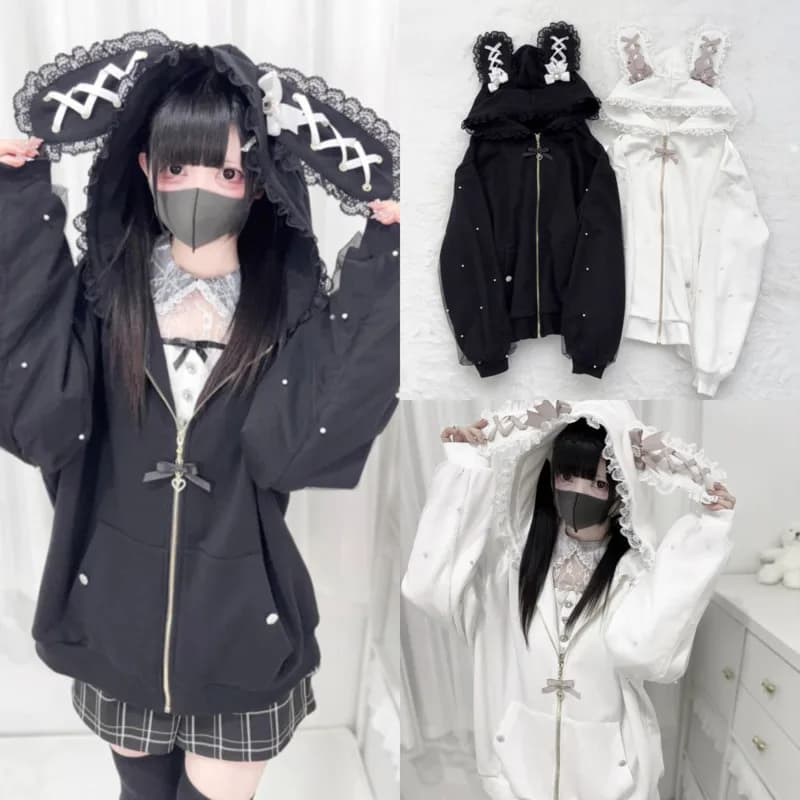 Bunny Hoodie Hoodies Y2K Rabbit Ear Hoodie Lolita Jacket Bow Girls Pearl JK Japan Lace Kawaii Zipper Cardigan Long Sleeved Top