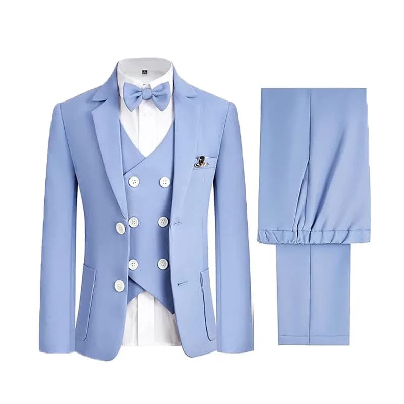 Children Jacket Vest Pants Bowtie Brooch Piano Dress Kids Easter Wedding Performance Costume Boys Slim Fit Blue Photograph Suit