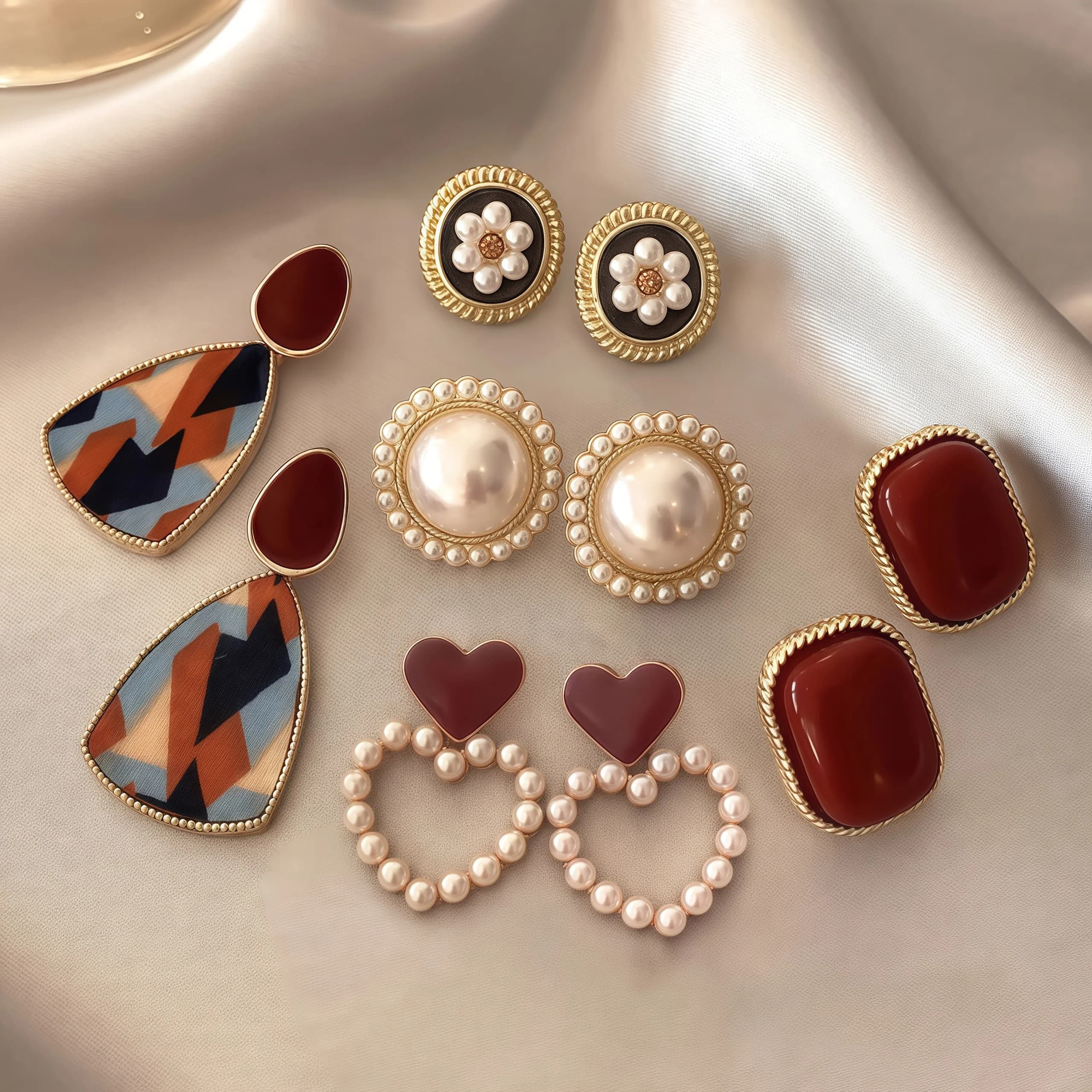 Five pairs of retro Hong Kong style Wine Red Stud Earrings Femal temperament high-end love pearl earrings Geometric jewelry set