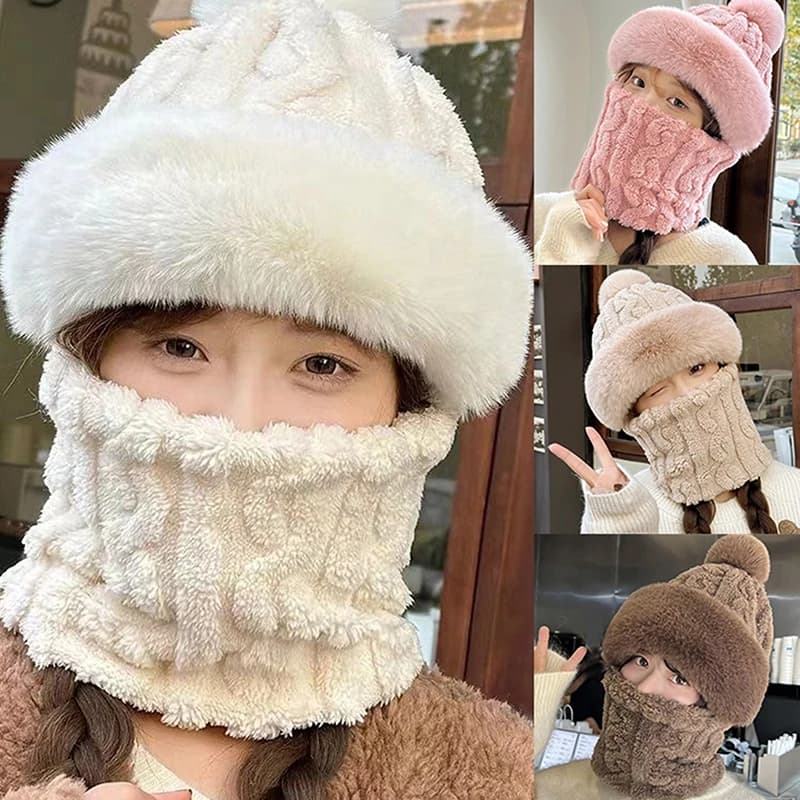 Fashion Plush Velvet Hat Scarf Mask Set Winter Warm Hat Neck Warmer Outdoor Cycling Windproof Warmer Scarf Hat Ear Protection