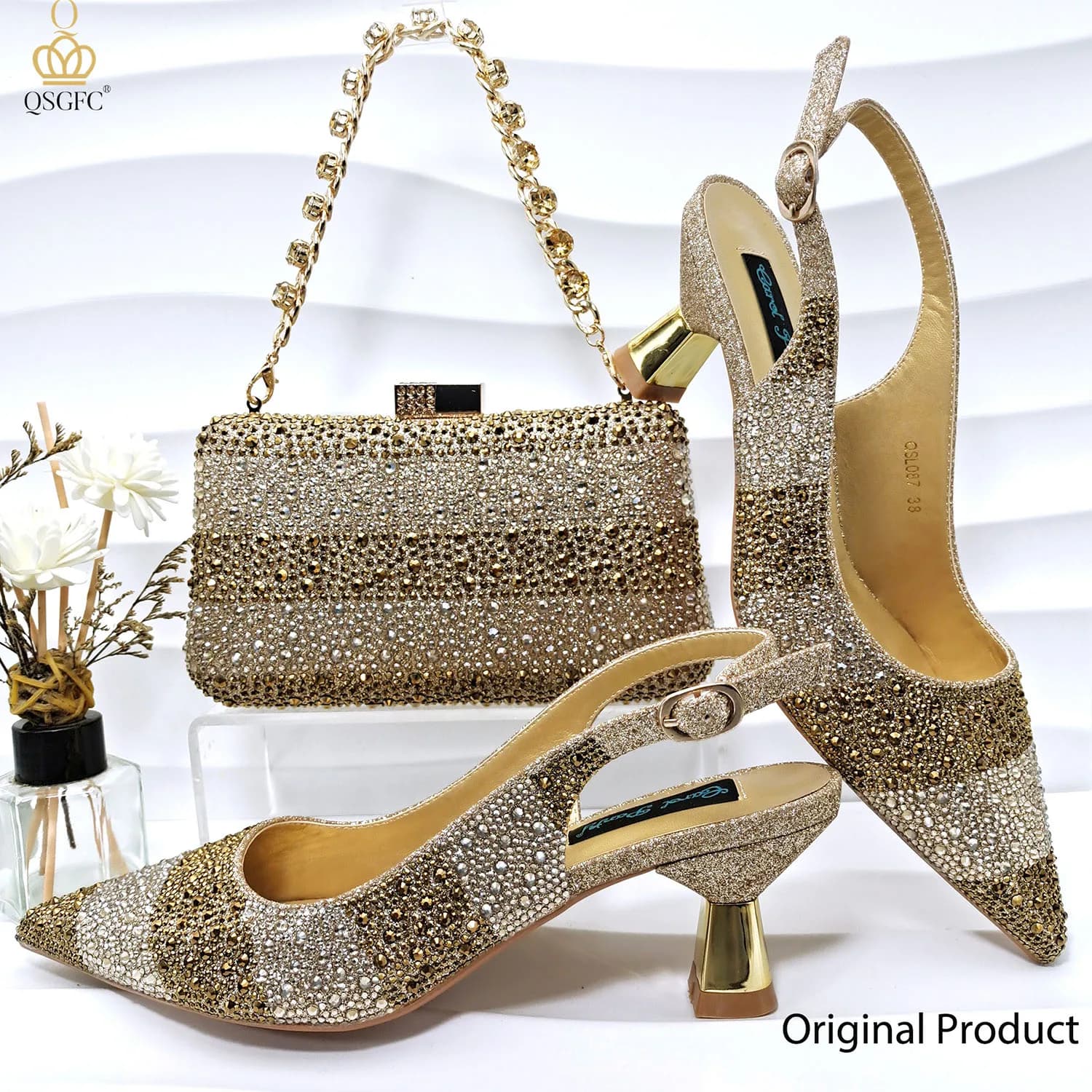 QSGFC INS Gold Color Elegant Women Heels Shoes and Bag Set Hollow Rhinestones High Heels Wedges Shoes Matching Bag