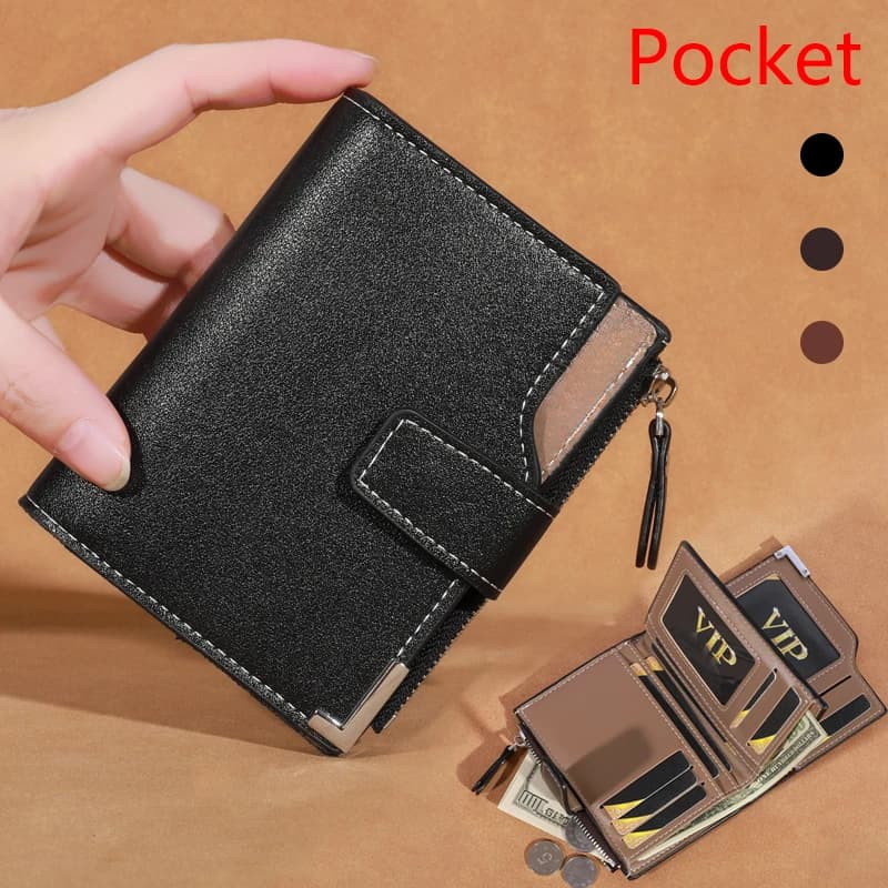 Portefeuille court en cuir PU pour hommepoche a fermeture eclair, porte-cartesporte-photo.porte-monnaie masculinmarque deuxe