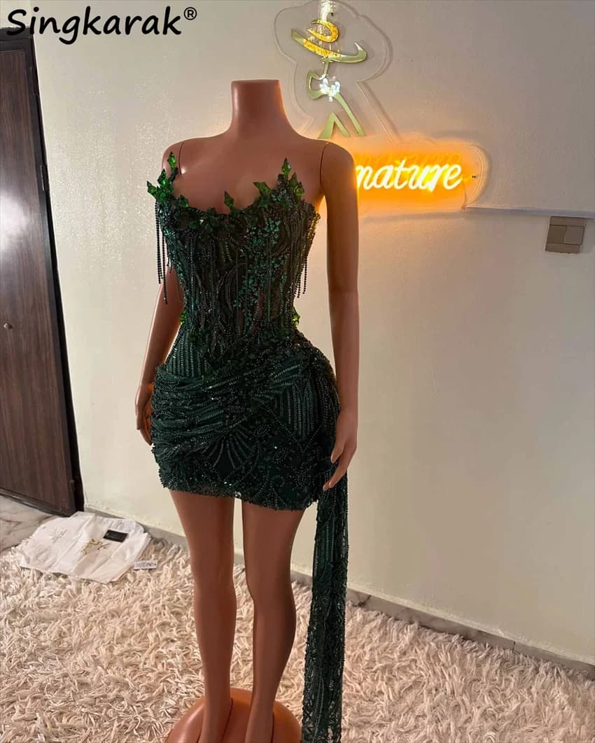 Dark Green Crystal Beading Senior Homecoming Prom Dress Mini Cocktail Gown Birthday Dress Luxury 2025 Blackgirl Customized