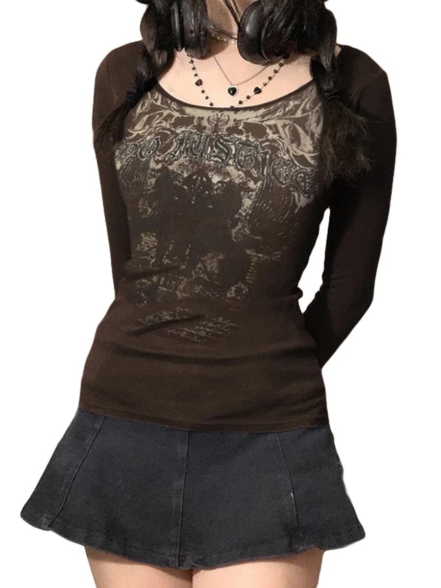 Women Lace Tops Long Sleeve Scoop Neck Solid Color Casual Party Street Fall Spring Brown Tops