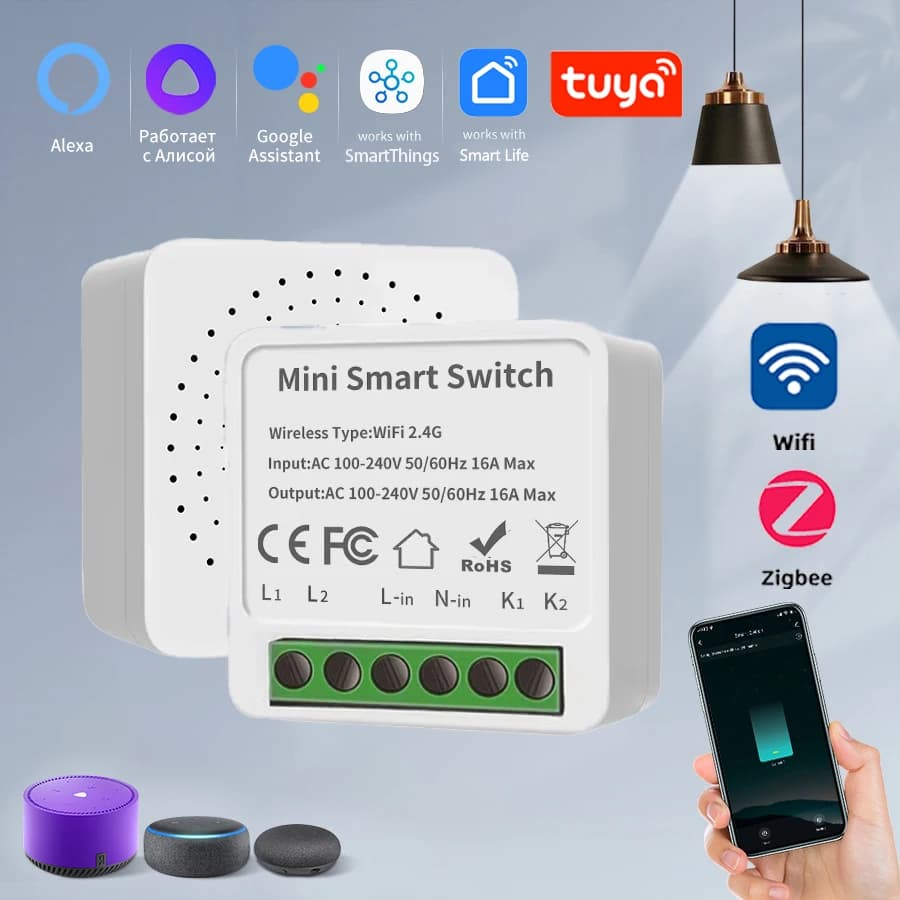 Tuya WiFi/Zigbee 3.0 Smart Switch Mini Breaker DIY Module Remote Timer Wireless Light Control Work with Smart Life Alexa Google