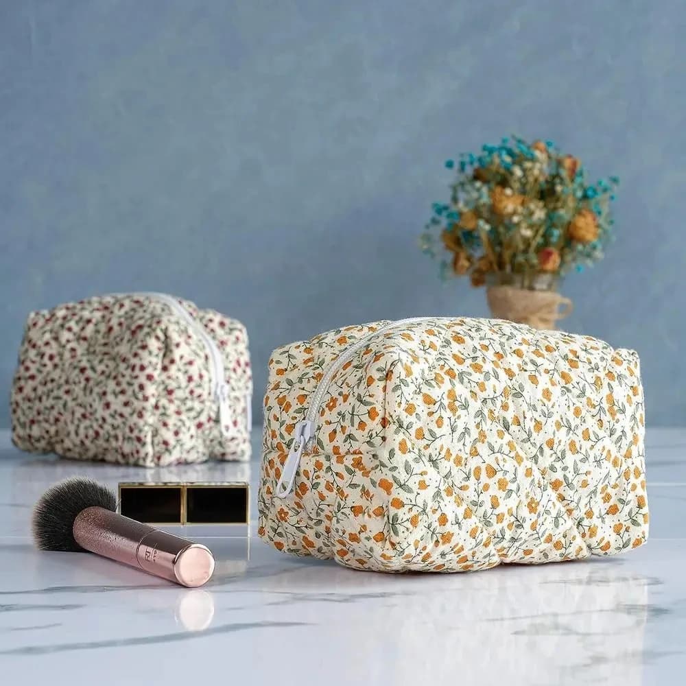 Fashion Floral Puffy Quilted Makeup Bag Travel Cosmetic Jewelry Storage Organizer Handbag Pouch Large Capacity Make Up Bags