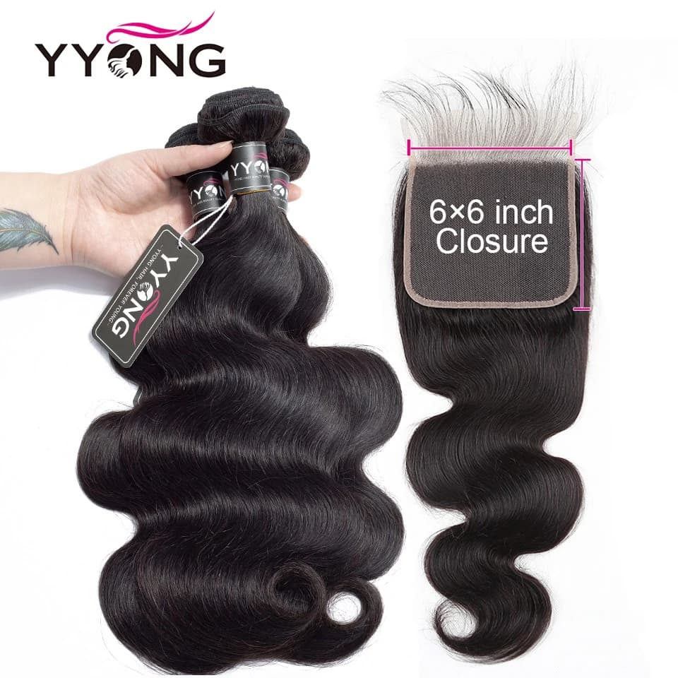 YYONG Body Wave Bundles With 6x6 Lace Closure Brazilian Hair Weave Bundles With Closure Human Hair 3/4 Bundles With Closure Remy