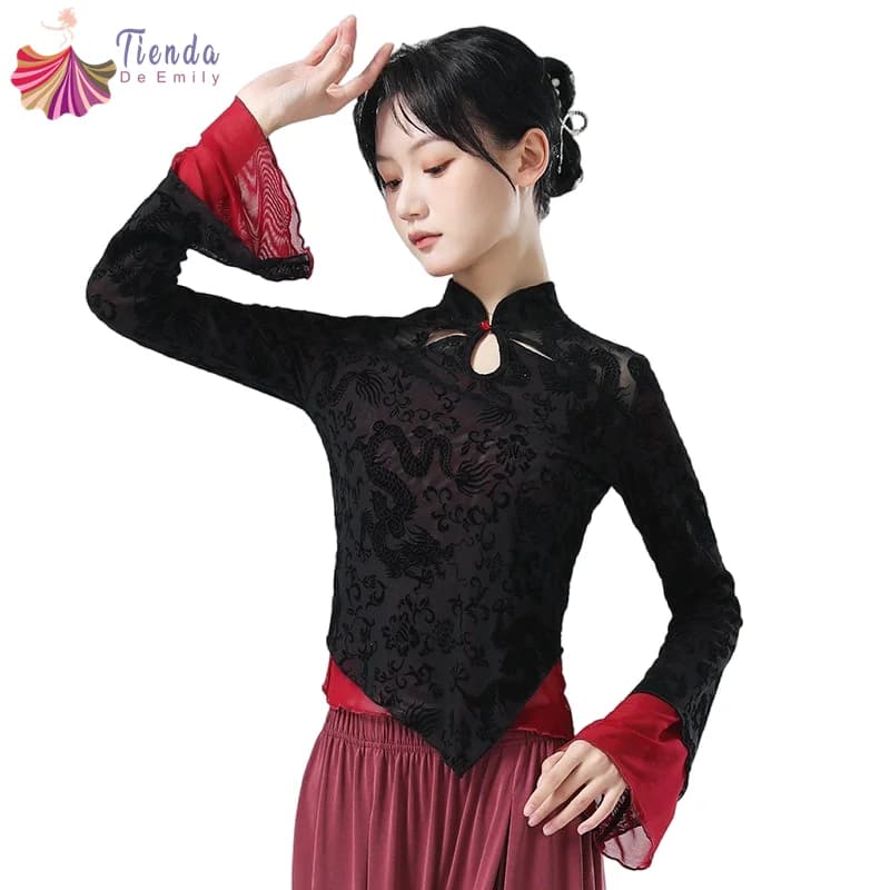 New Chinese Body Rhyme Top Women Flock Flower Classical China Folk Dance Shirt Long Horn Sleeve Elegan Flowy Shirt Contrast New