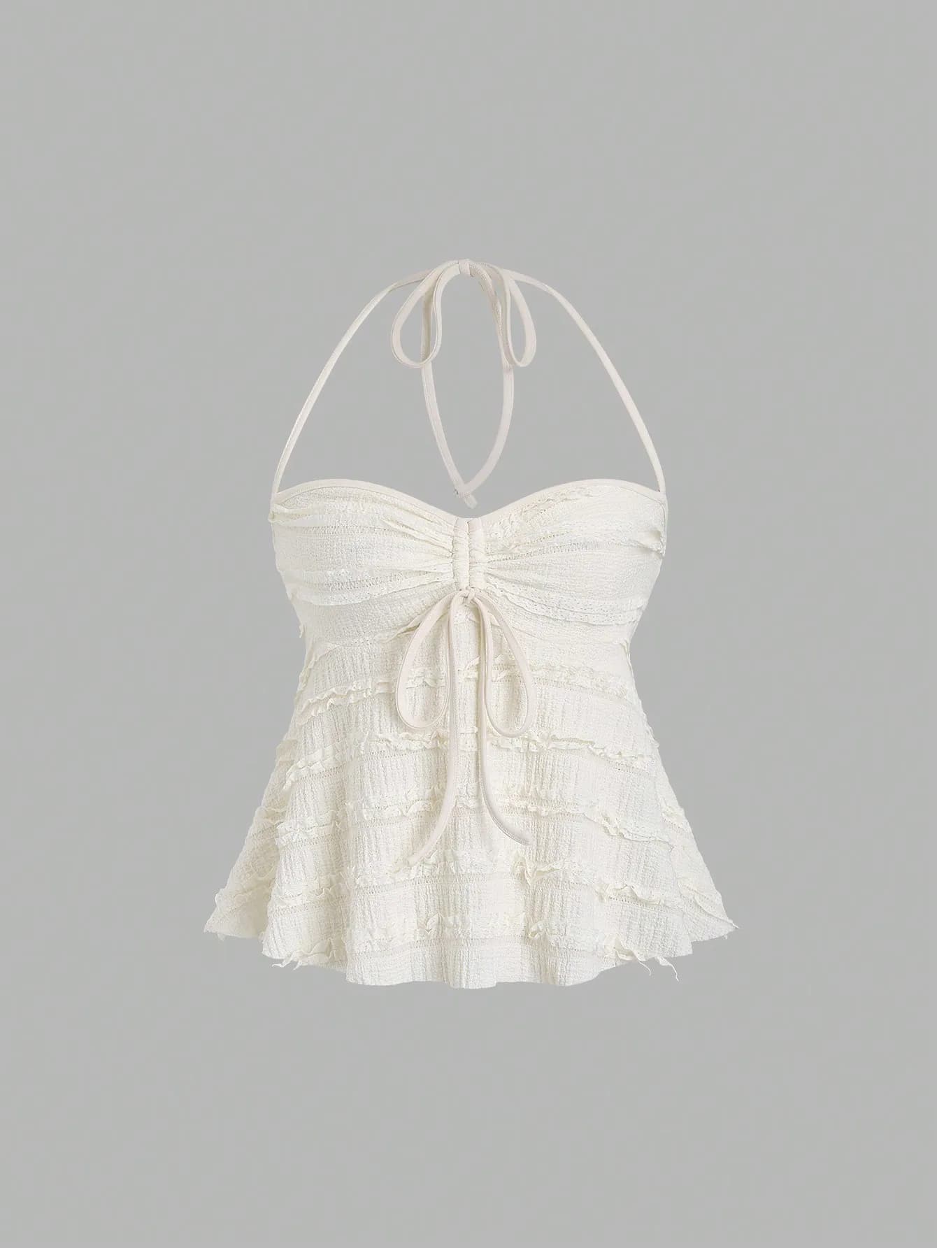 Women's Summer Fashion Casual Apricot Drawstring Neck Knitted Lace Textured Short Halter Neck Lace Up Vest Top