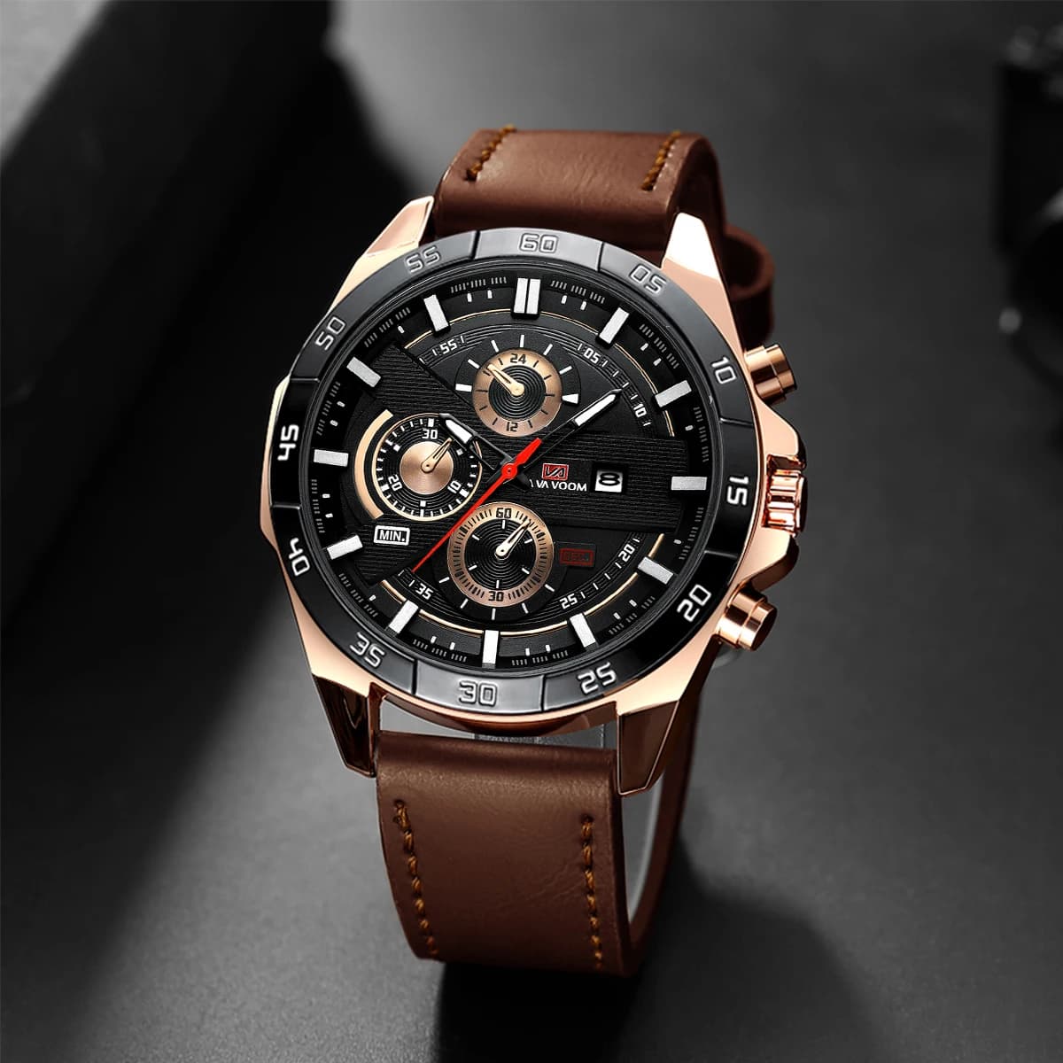 Top Men Watch Sports Style 46mm Large Leather Racing Style Casual Fashion Original Black Rose Gold Calendar Quartz Watch Relogio