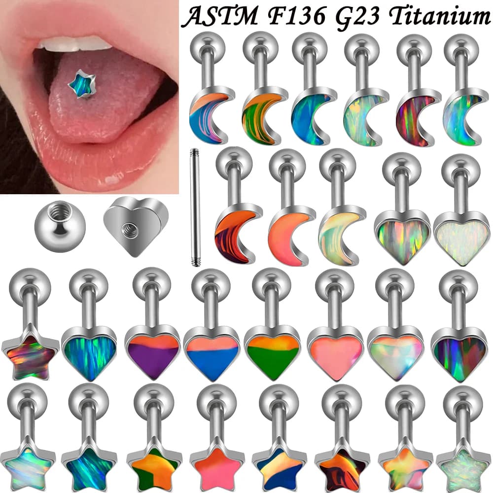 1PC Titanium Flash Film Opal Moon Heart Shape Tongue Stud External Thread Helix Ear Cartilage Tragus Body Piercing Jewelry 14G