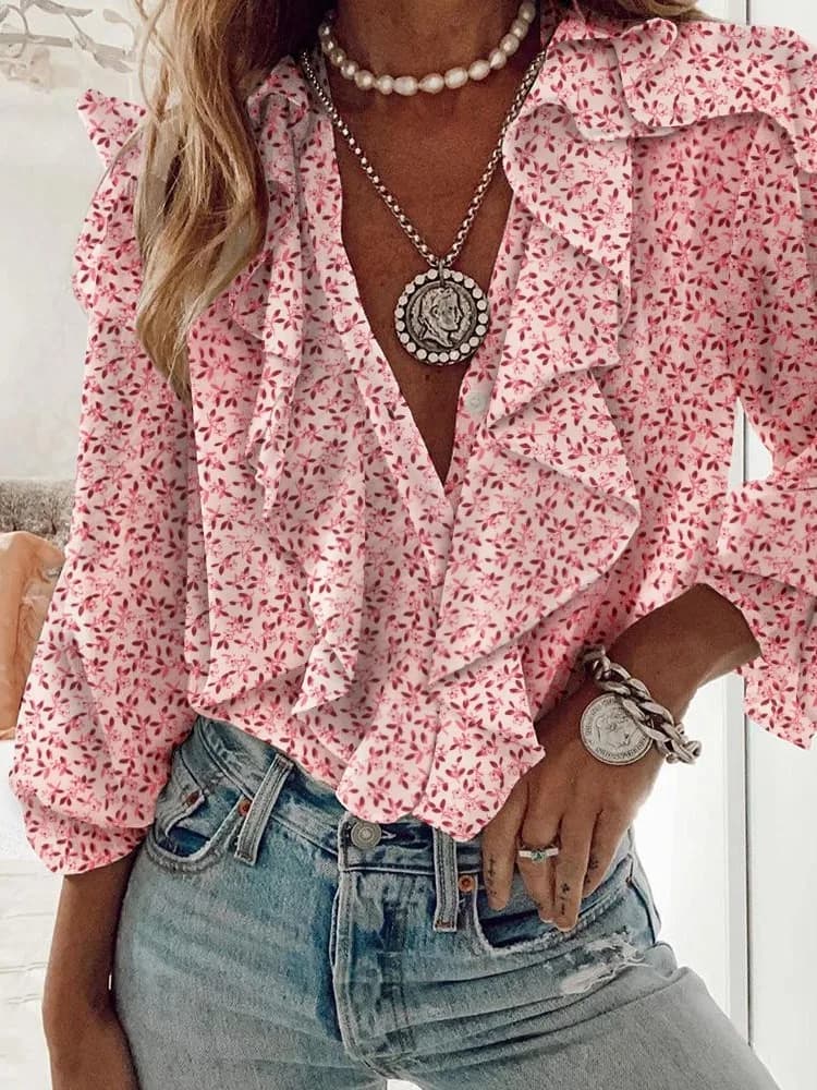 Shirt Women's Autumn New Item Chiffon Fashionable Printed Shirt Sexy V-neck Ruffle Edge Single Breasted Long Sleeved Top