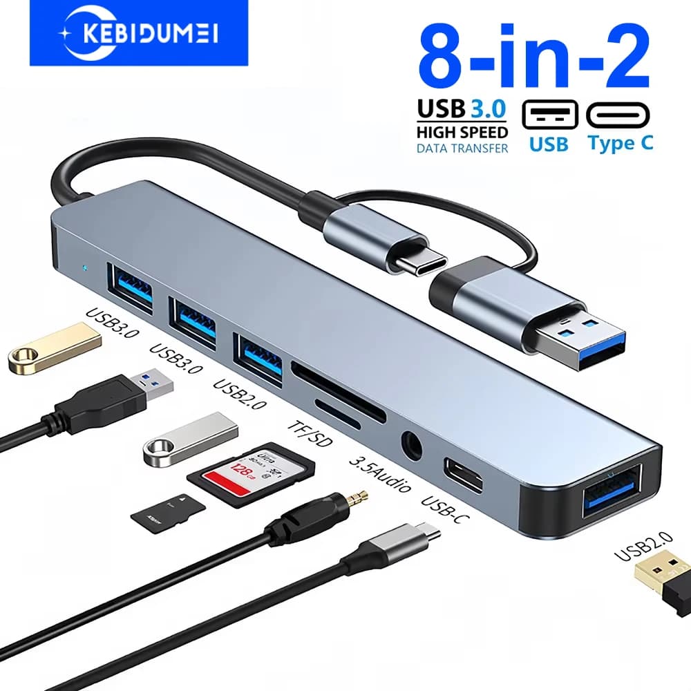 8-in-2 USB 3.0 Hubs TYPE-C HUB USB C Docking Station 5Gbps High Speed Transmission OTG Adapter Type C to USB 3.0 Hub For Laptop