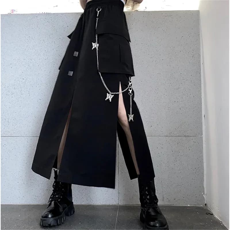 2025 New Spring Autumn Women Skirt Fashion Korean Style Black Long Skirts with Chain Side Slit Hip Hop Streetwear Plus Size