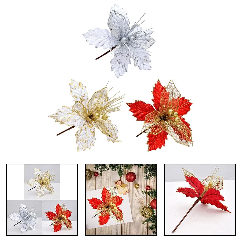 1pc 22cm Christmas Poinsettia Glitter Flower Hanging Xmas Party Tree Decorations DIY Garlands Home Wedding Party Decor