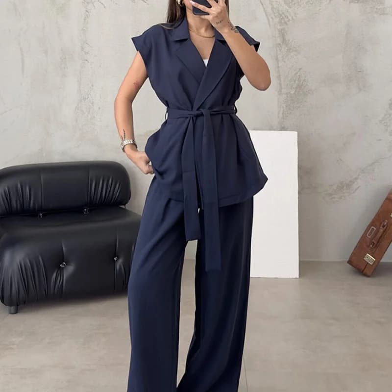 Women's Set Classic Loose Version Sleeveless Top Ladies Set New Style Commuter Leisure Female Fashionable Lace Up Pants