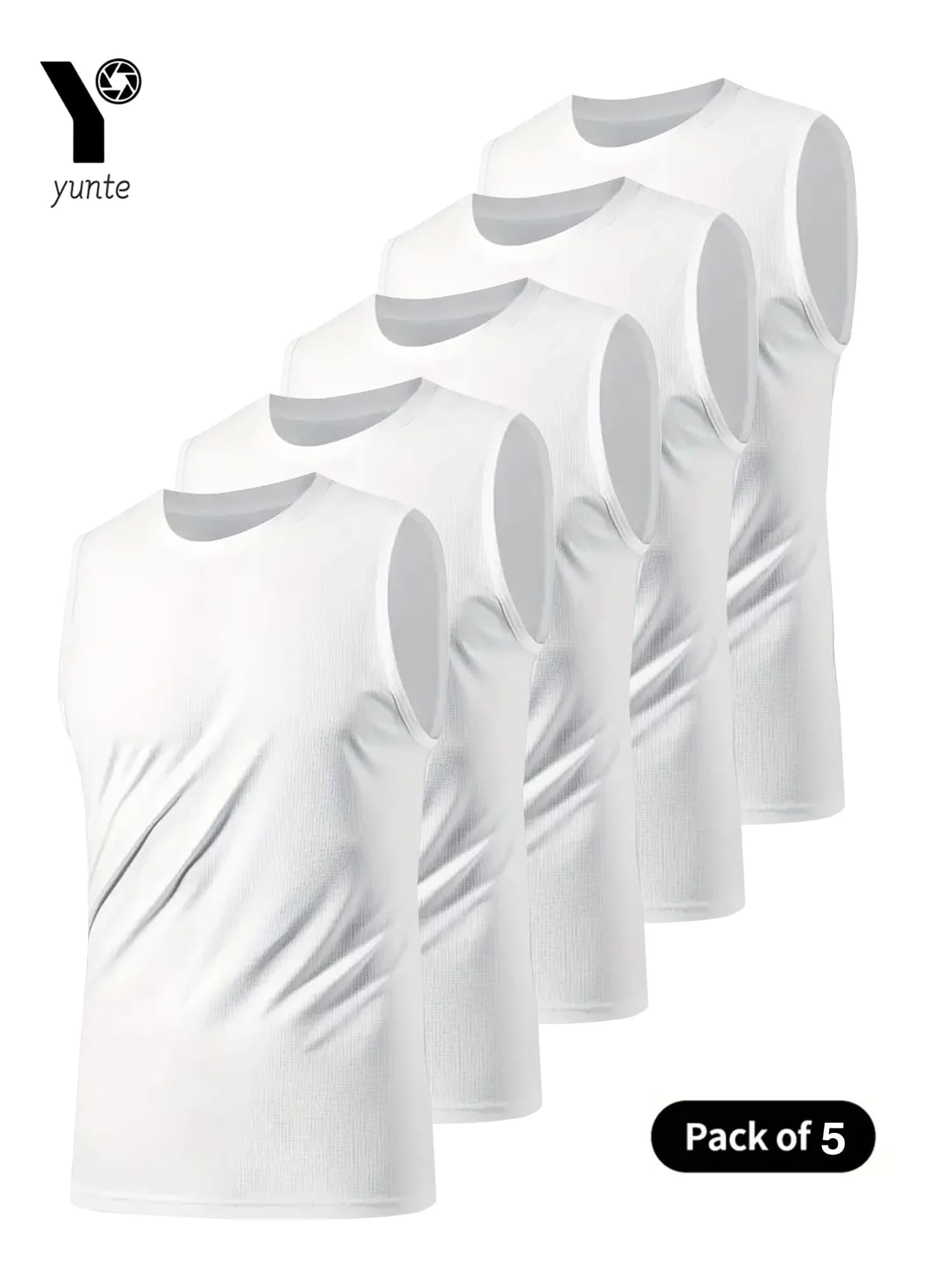 Men's Sports Vest White 5-Piece Breathable Round Neck Slightly Elastic Fabric Pure Color Suitable for Spring, Summer and Autum R