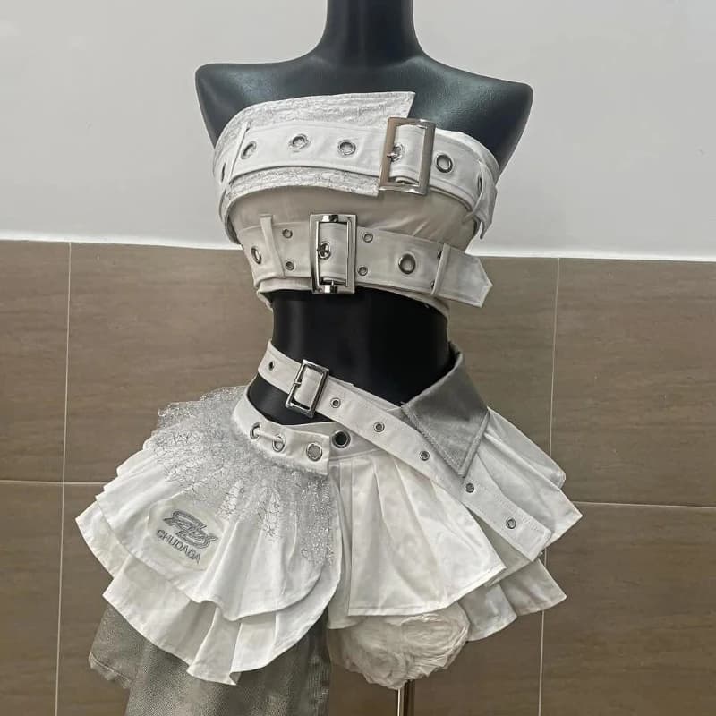 Summer Vintage Elegant Y2K Woman 2 Piece Sets Punk Gothic Strapless Crop Tops +High Waist Ruffle Skirt Female Party Outfits 2025