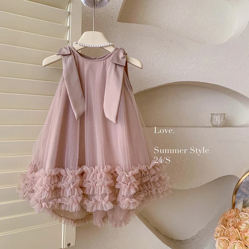 2024 Summer Korean Girls New Sleeveless Bow Solid Color Sweet and Gentle Princess Dress Childrens Trend