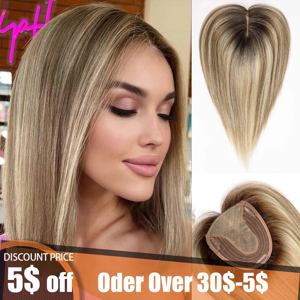 Brown Mixed Blonde Remy Human Hair Toppers Silk Base Clips in Straight 14 Inches Hairpieces Extension for Women 100% Human Hair