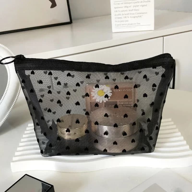 1PCS Transparent Make Up Bag for Women Girl Travel Storage Wash Bag Makeup Organizer Case Pouch Love Heart Mesh Cosmetic Bag