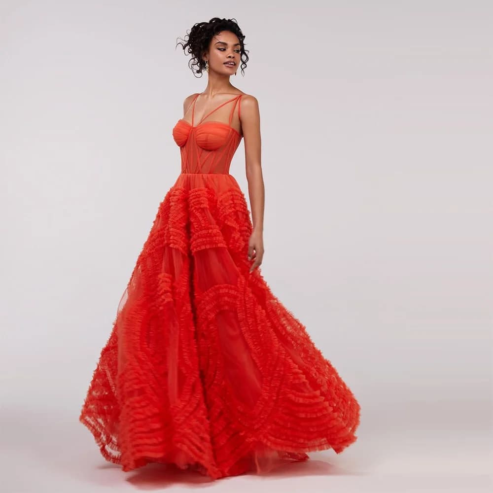 Sevintage Red Tiered Ruffles Tulle Prom Dresses Sweetheart Spaghetti Strap Pleat Ruched A-Line Saudi Arabic Party Evening Gowns