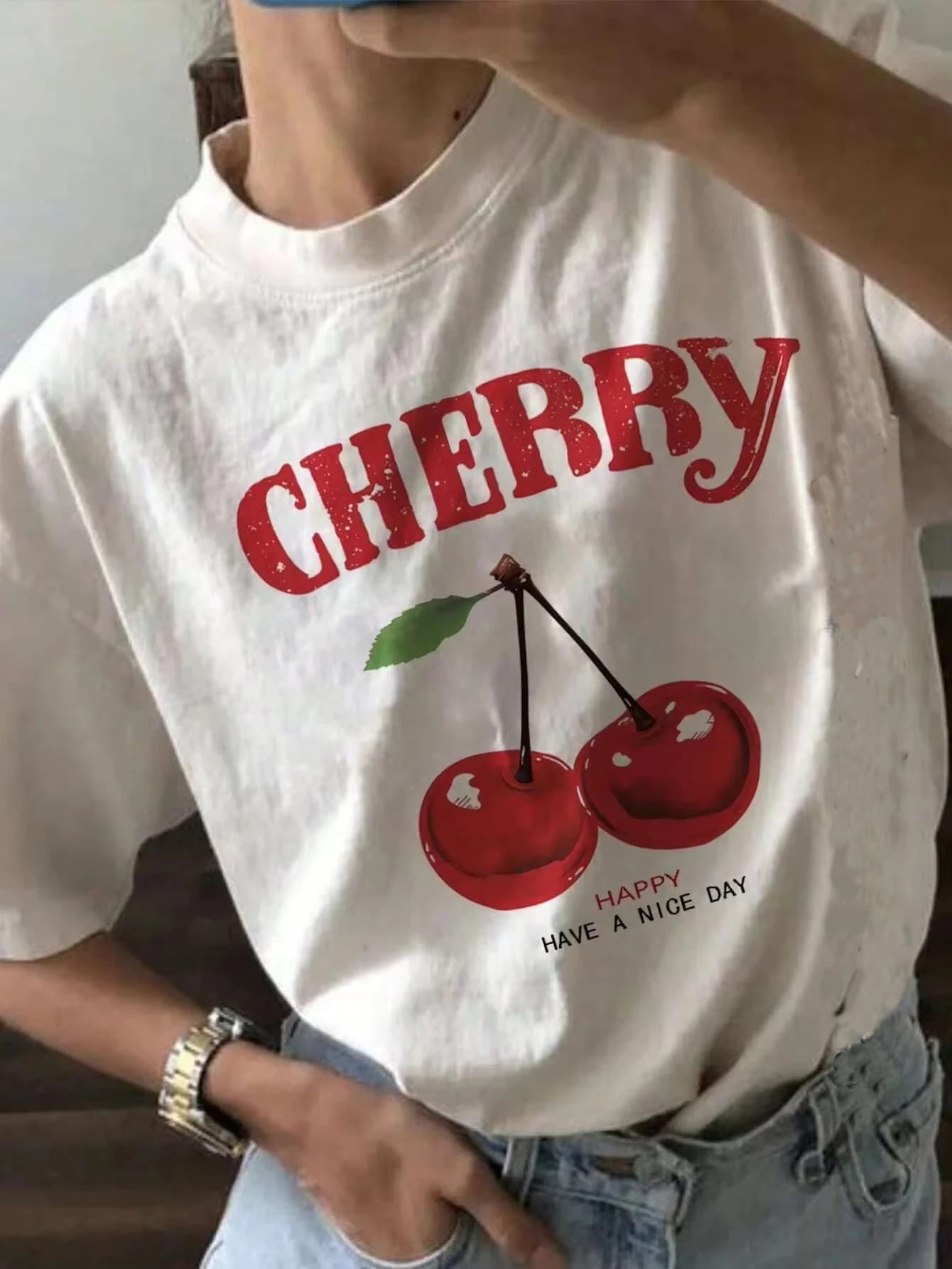 Streetwear Summer Women Fashion Cherry T-Shirt Cherry Print O-Neck Tops Tees Floral Graphic Short Sleeve Clothing Female Casual
