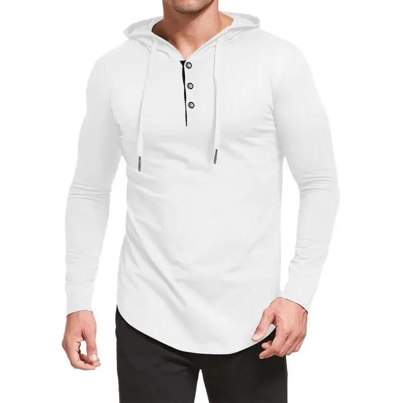 Men's Athletic Hoodies Solid Hooded Long Sleeve Top Casual Front Placket Button Neck Mens Hooded Shirt Lightweight Drawstring