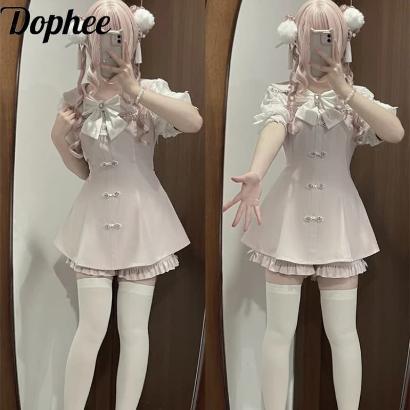 Dophee Original Hollow Out Lace Puff Short Sleeve Dress Suits Chinese Wind Diamonds Buttton Beading Dress Elegant Ruffles Shorts