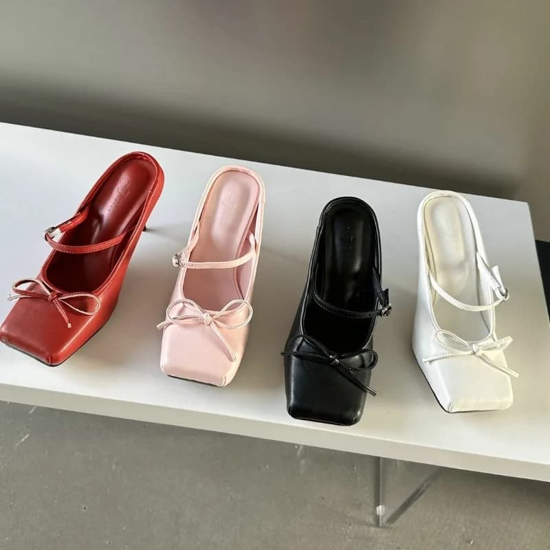 New Design Bowknot Square Toe Women Pumps Sexy Buckle Strap Thin High Heels Banquet Prom Mule Slippers Shoes