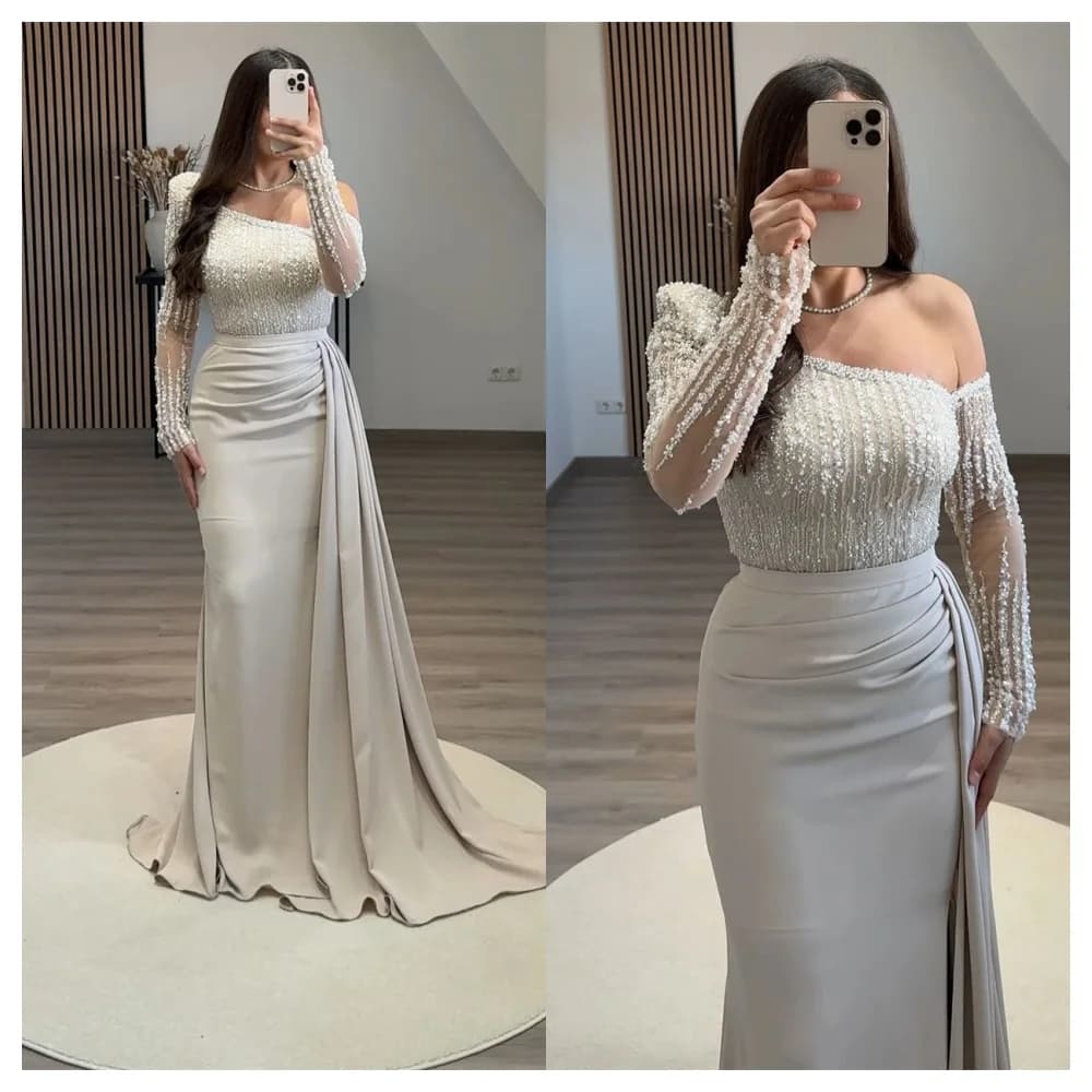 customizedCustomized Temperament White Jersey Party Dress Exquisite One Shoulder Long Sleeves Party Dress Delicate Straight Cele