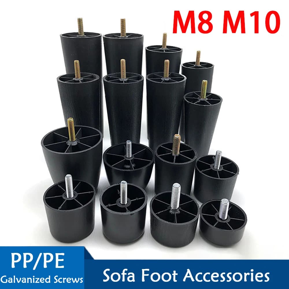 Round Tapered Black Plastic Furniture Legs Feet High 25-180MM Anti Slip Foot Pad With M8 M10 Thread Shank For Sofa And Chair