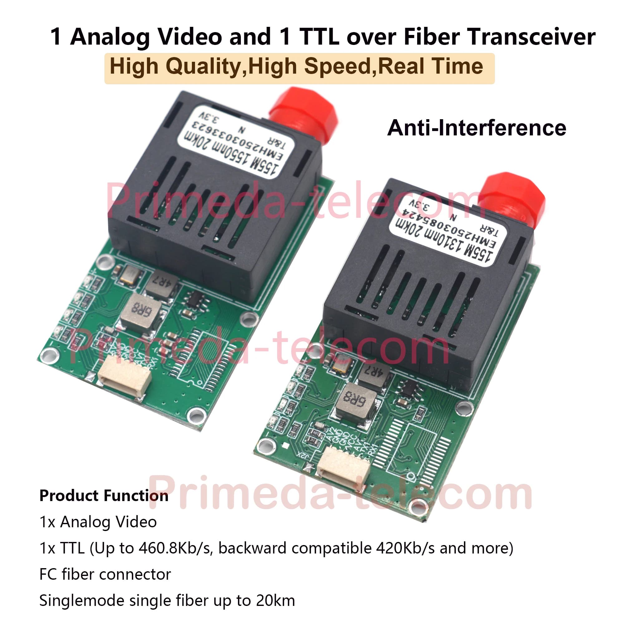 1 Analog Video and 1 TTL over Fiber optic up 20Km, High Speed Up to 460.8Kb/s, FC Optical Transceiver Module 1310/1550nm signal