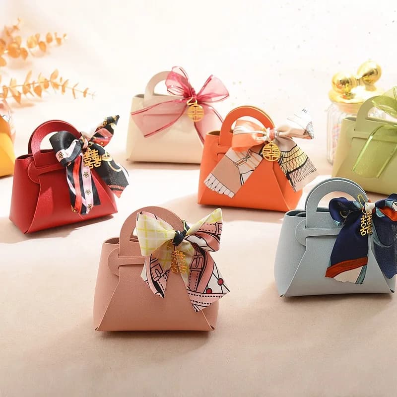 5PCS Distribute Leather Pink Gift Bags Wedding Favour Bag for Guest Mini Handbag with Ribbon Candy Packaging Box Party Decor