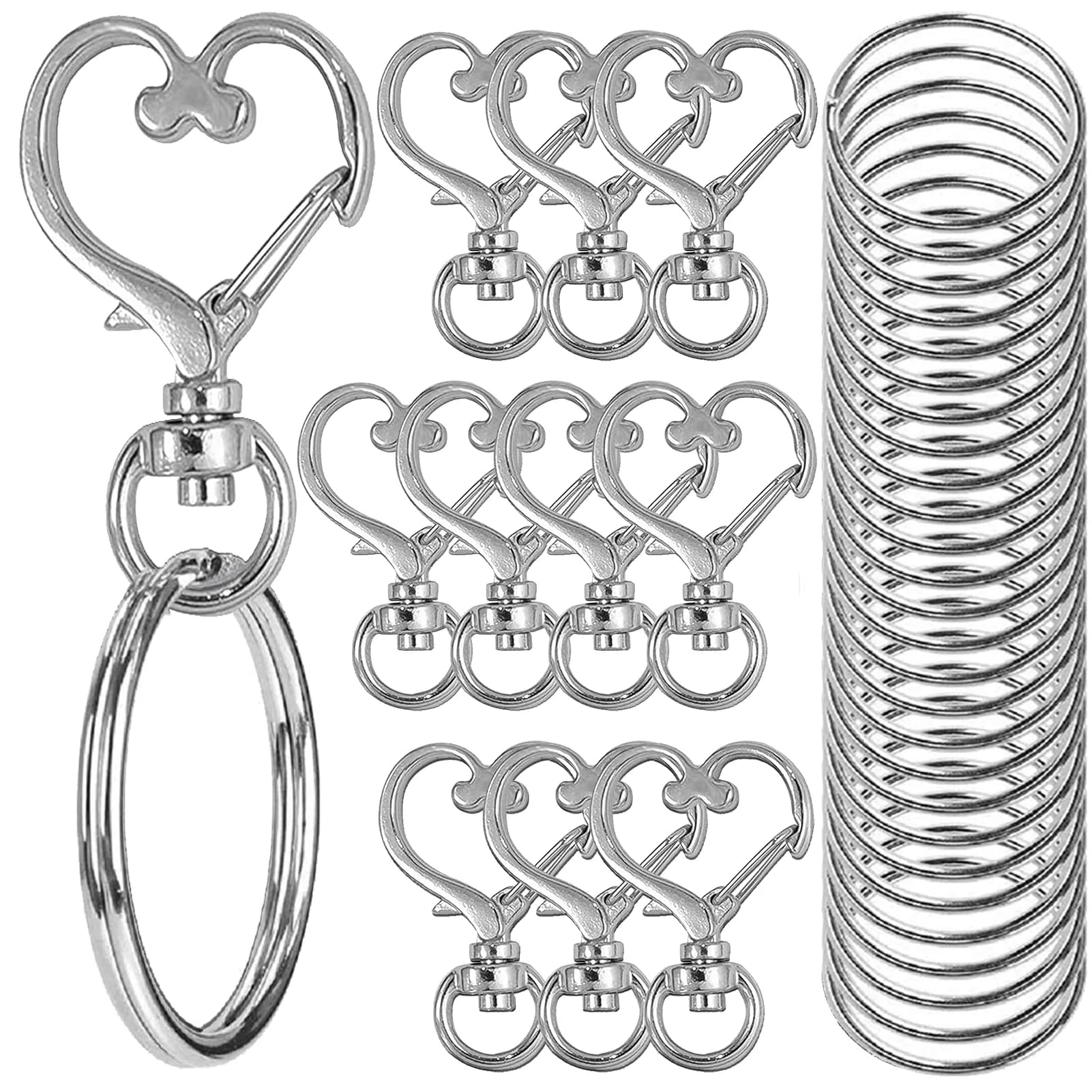 20pcs Heart Shaped Swivel Snap Hooks with Key Ring Metal Keychains Suitable for Keychain Lanyards, Charms, Jewelry, DIY Crafts