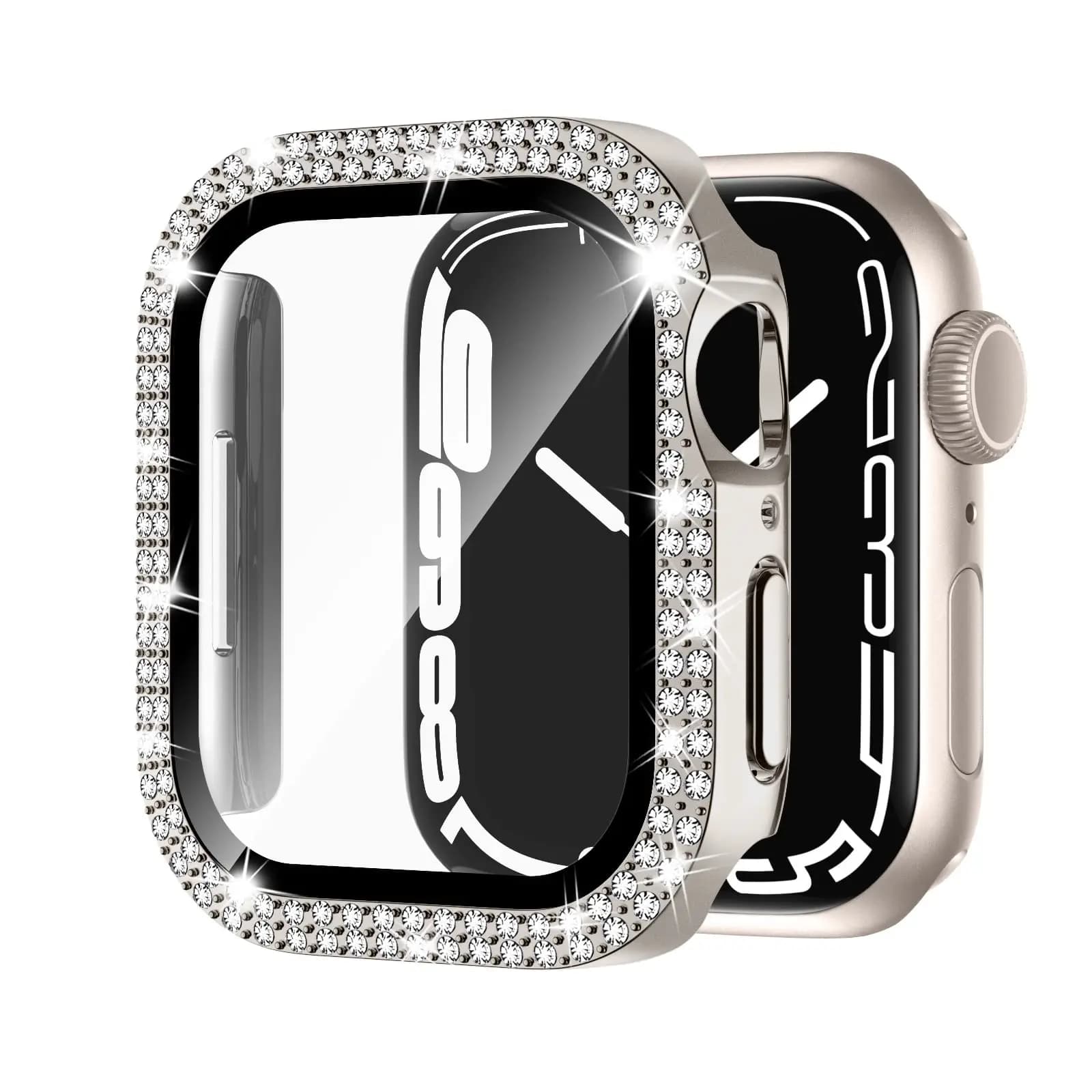 Glass+Bling Diamond Cover For Apple watch Case 46mm 42mm 44mm 41mm Tempered Bumper Screen Protector iWatch series 10 9 8 7 6 5 4