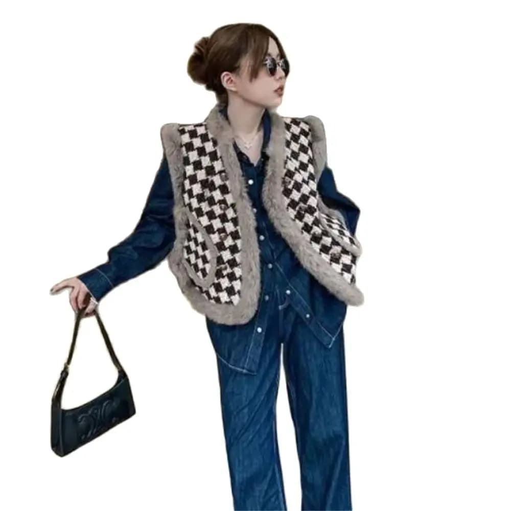 2024 Women Sleeveless Coat Autumn Winter Plaid Woolen Fur Vests Retro Houndstooth Waistcoat Wool Liner Jackets Warm Gilet Tops