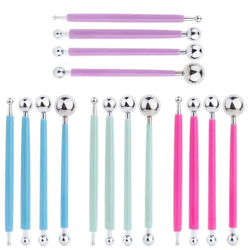 KOVEEN For Embossing Pattern 4 Pcs Point Drill Creasing Pen With DIY Ball Styluses Tools Spiral Double Head Clay Sculpting Tools