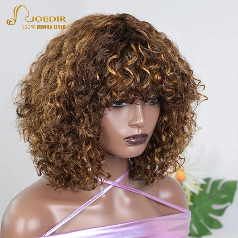 Joedir Short Natural Pixie Bob Jerry Curly Cut Human Hair Wigs With Bangs Brazilian Human Wig Highlight Colored Wigs For Women