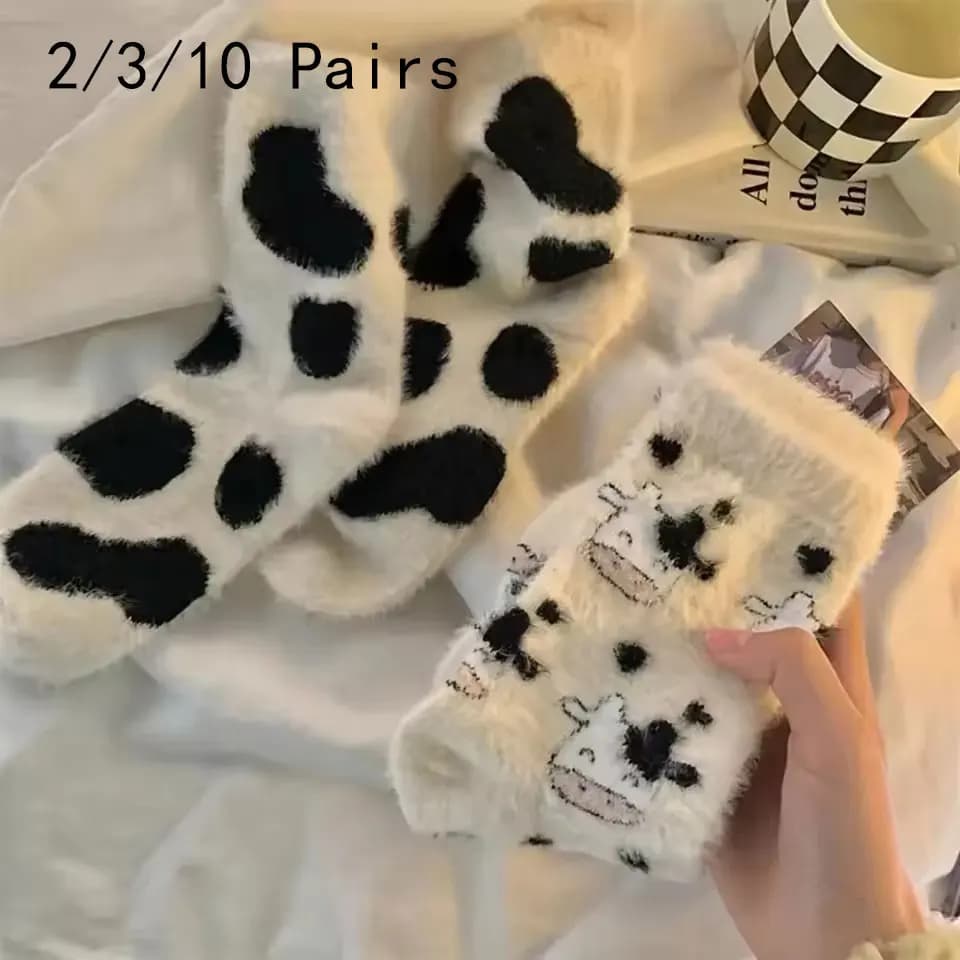 2/3/10 Pairs Women's Plush Mid Length Socks Dairy Cattle Thickening Mink Wool Sweet Soft Warm Stay At Home Women's Floor Socks