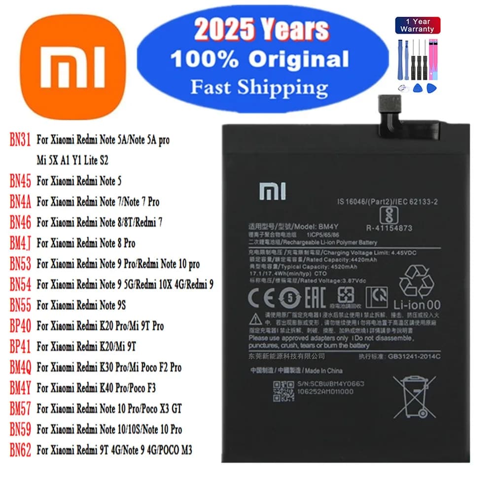 2025 Years Original Battery For Xiaomi Mi Redmi Note 8 8T 7 10 10S 10X 9 9S 9T K30 K40 K20 5 5A Pro POCO X3 M3 F3 F2 Pro Battery