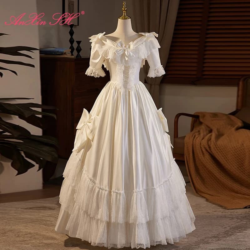 AnXin SH french retro princess white satin v neck ruffles flower lace puff sleeve big bow ball gown customized evening dress