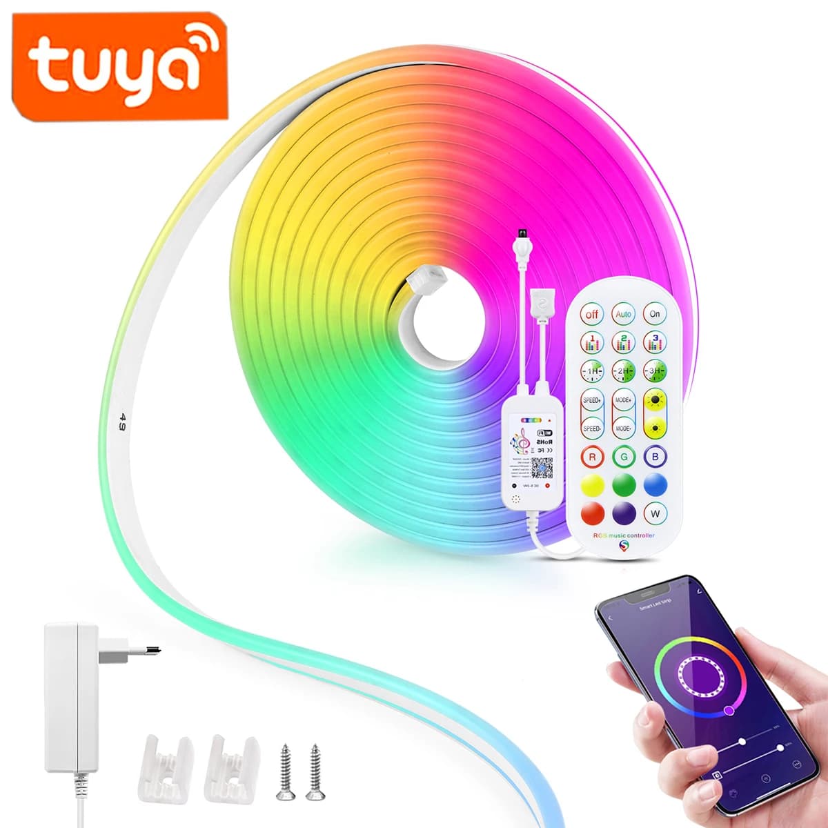 12/24V EU plug WiFi RGB Neon LED Strip,1/2/3/4/5/10/15M Neon RGB Strip Work With Tuya/Smart Life/Alexa/Google Home Deco Lighting