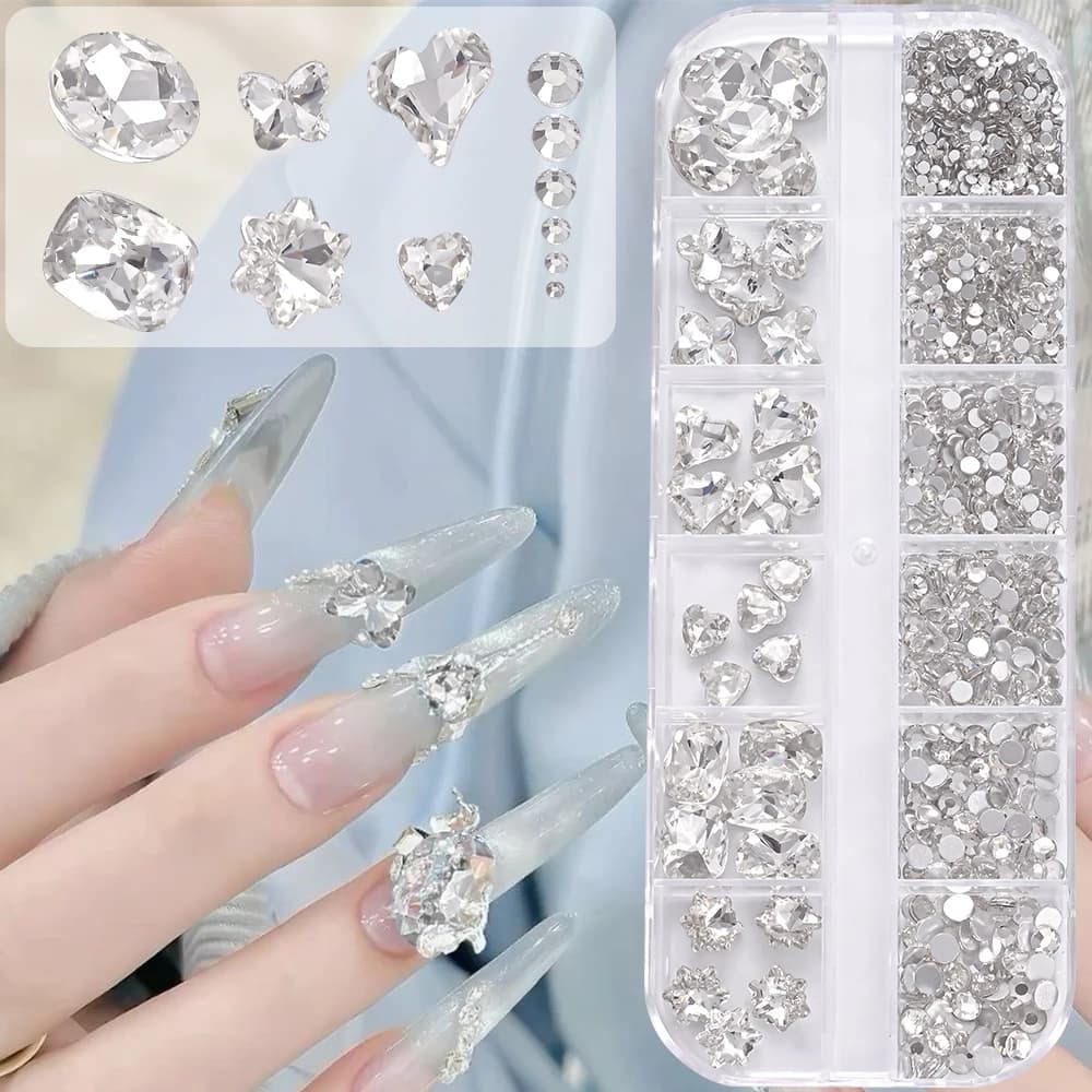 1Box 3D Clear Nail Art Rhinestones 12Shapes Mixed Oval,Butterfly,Heart,Flower,Round Diamond Nail Charms DIY Nail Art Decoration