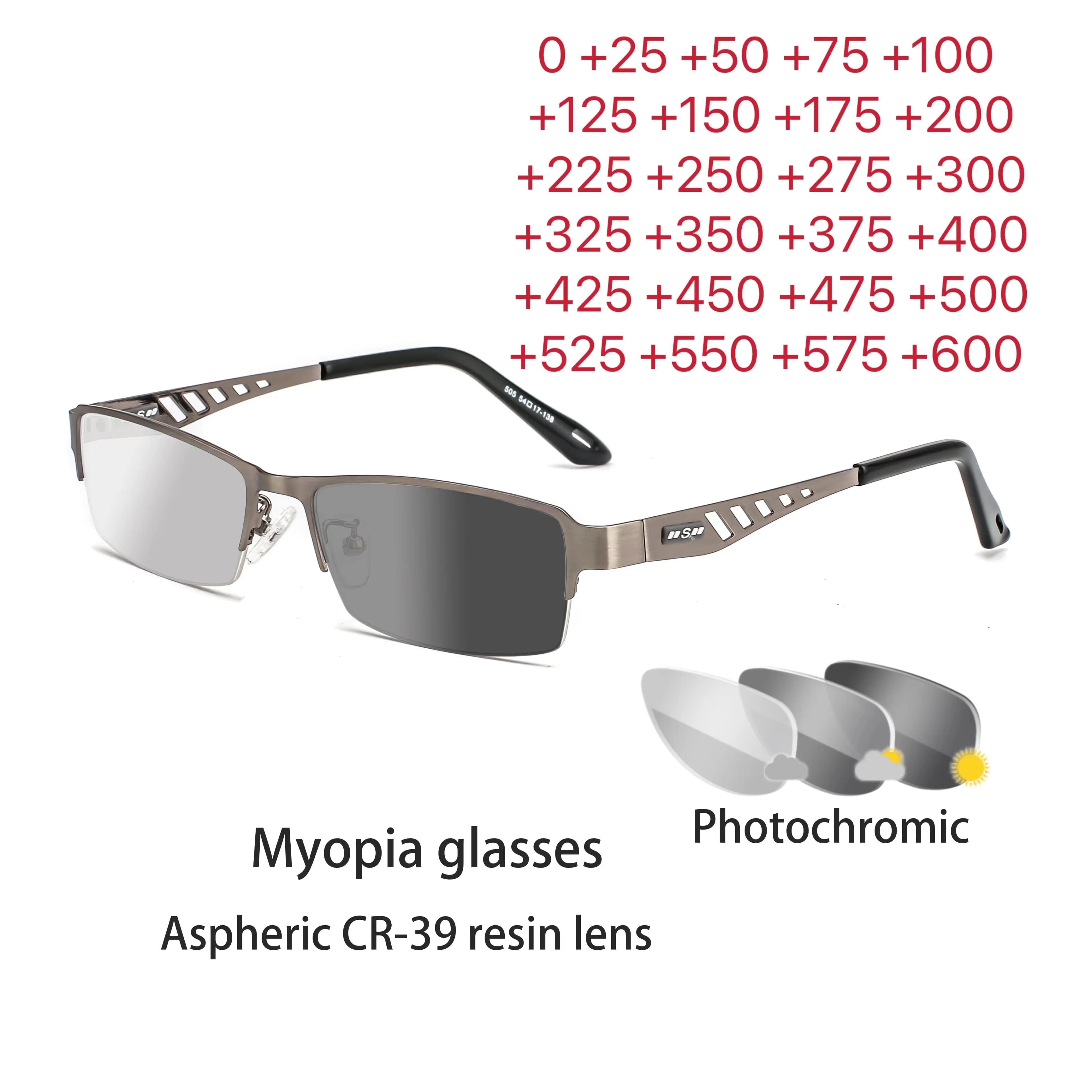 Photochromic Eye Glasses Men Women Myopia Eyeglasses Finished Glasses Students Short Sight Eyewear 0 +0.5 +1 +1.25 +1.5 +1.75 +6