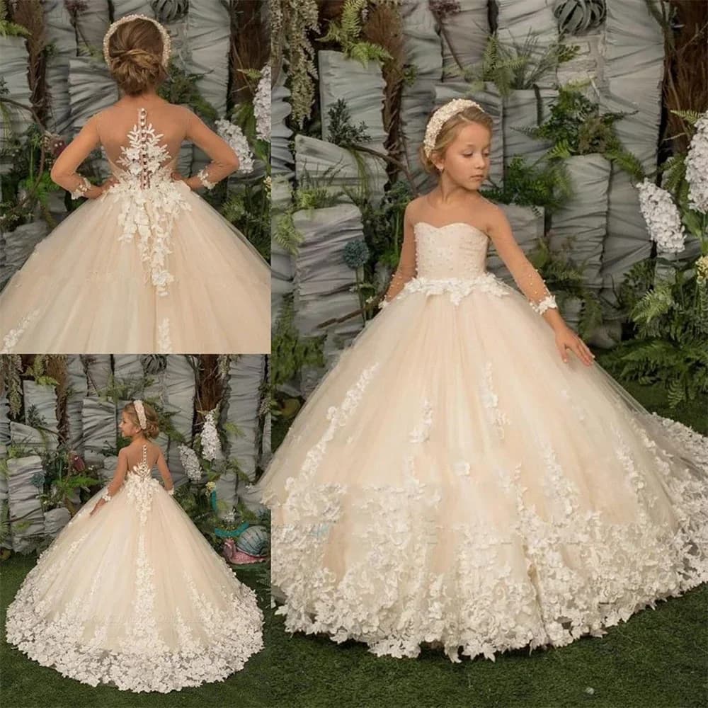 Flower Girl Dresses Stylish Child Lace Floral Appliques Long Sleeve for Wedding Birthday Ball Gown First Holy Communion Dress