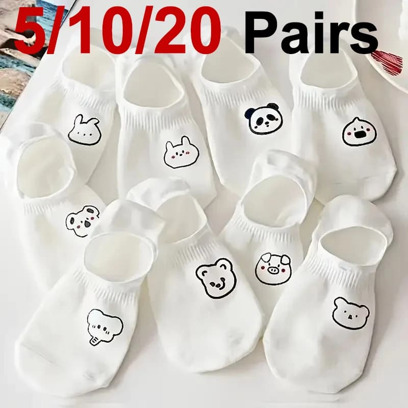 5/10/20 Pairs Women White Cartoon Invisible Socks Cute Animal Design Sweat Absorbing Breathable Soft Comfortable Casual Socks