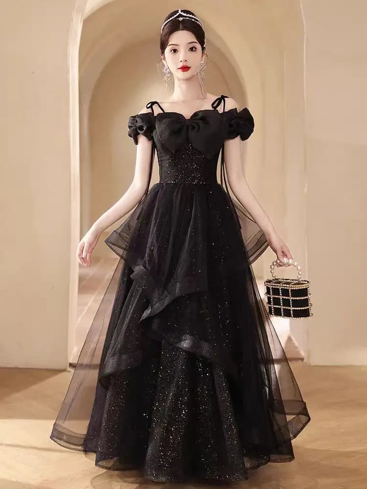 Tulle Black Prom Dresses For Graduation Party Spaghetti Straps Ball Gown Women Formal Occasion Gowns Long