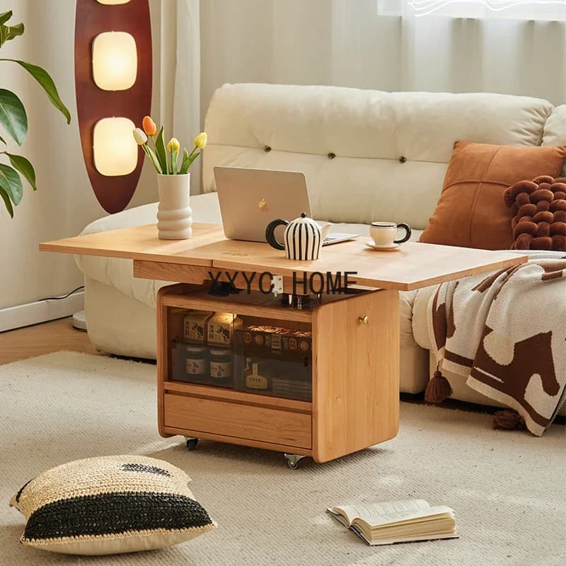 Solid Wood Lifting and Foldable Coffee Table Movable Side Table Trolley Tea Table Side Cabinet Multi-Function with Wheels