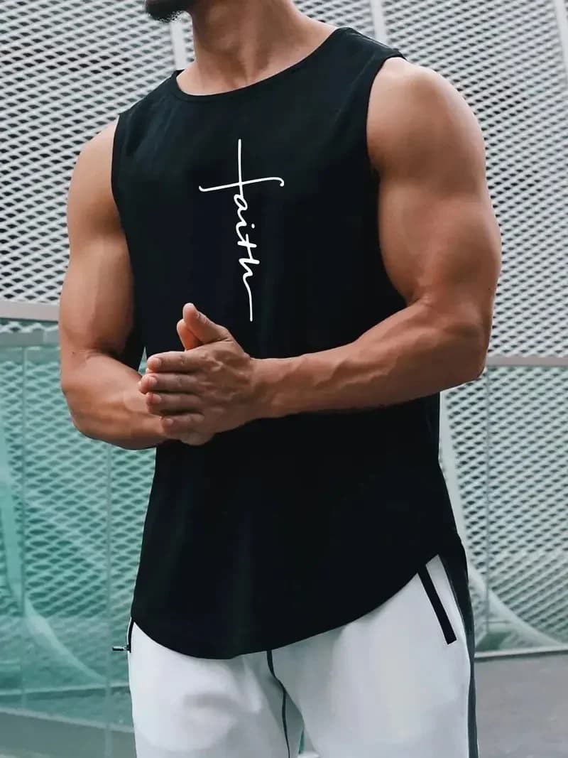 Summer Simple Letter Print Men's Round Neck Tank Top Gym Fitness Training Sports Vest Plus Size Man Sleeveless Shirt Casual Tees